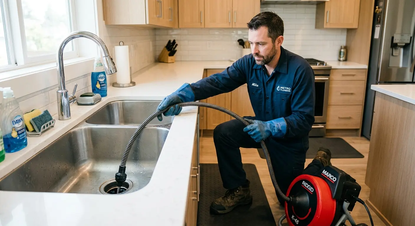 Drain cleaning technician using a motorized snake on a kitchen sink in Oakville