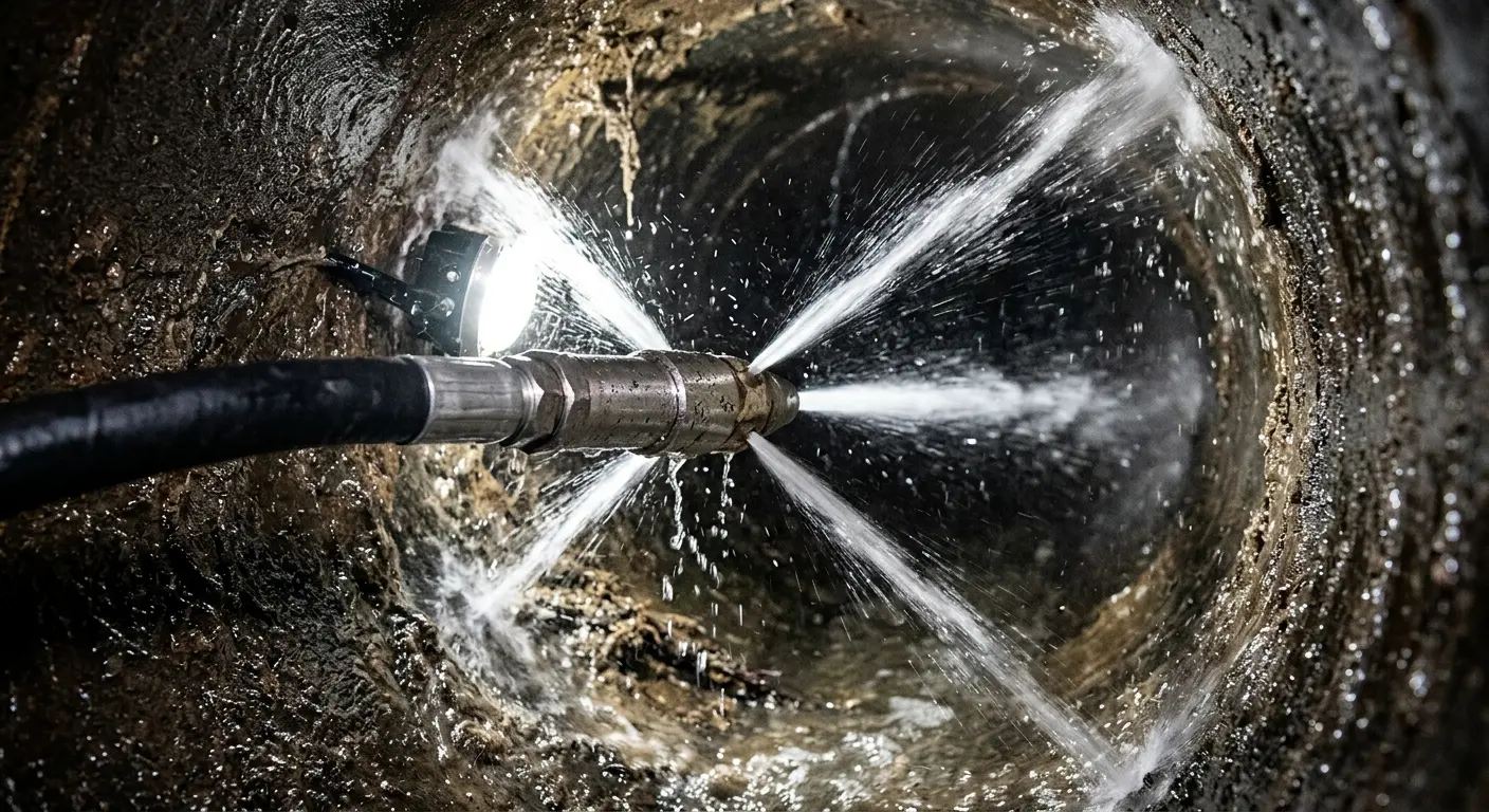 High-pressure hydro jetting nozzle cleaning sewer pipe for Emergency Drain Service in Oakville