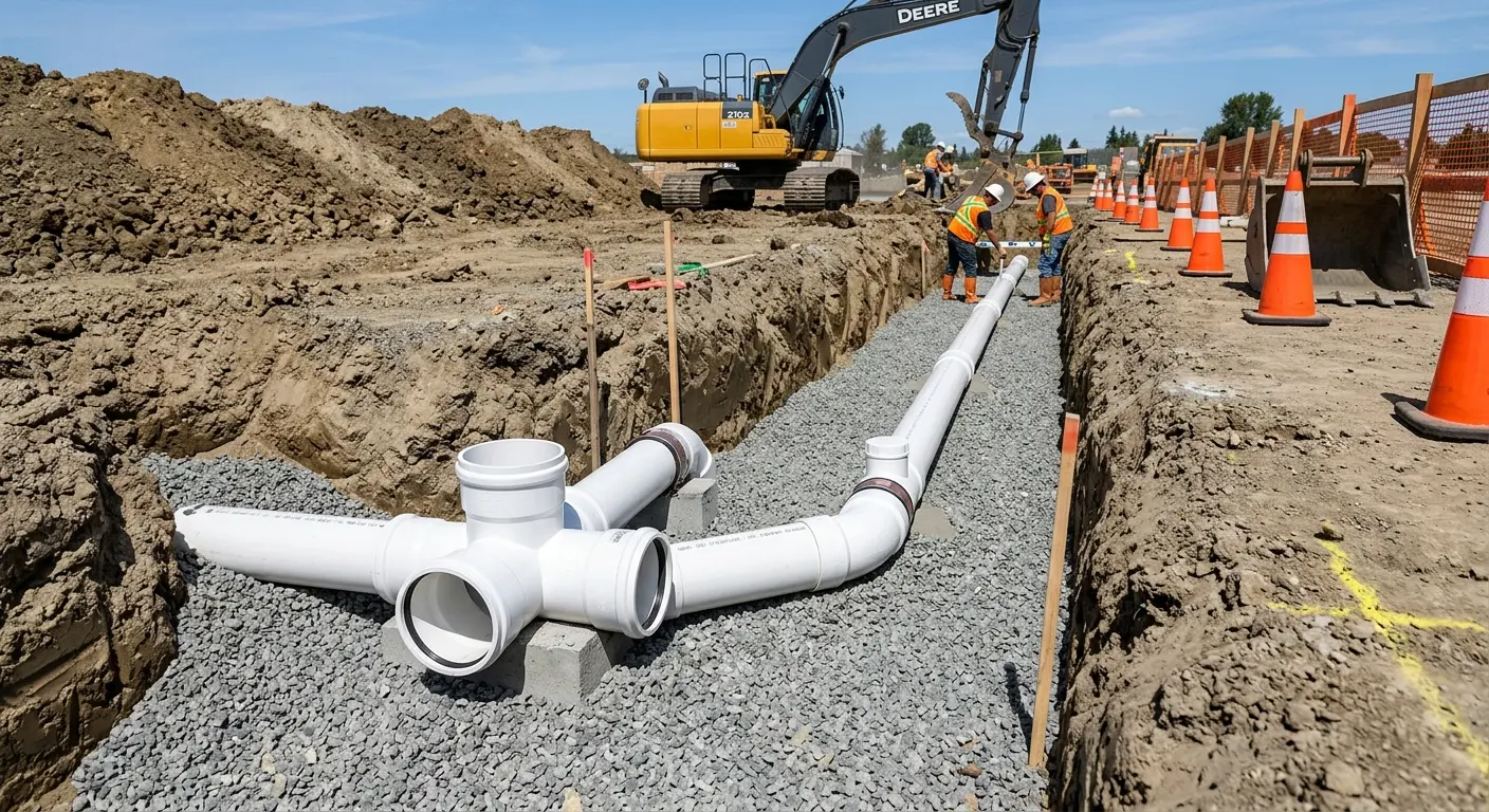 New PVC sewer pipe installation in open trench for Sewer Backup in Oakville