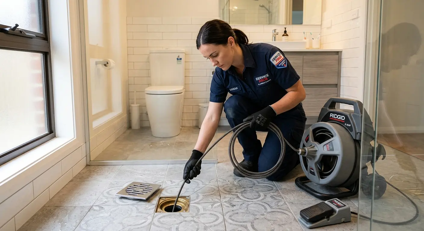 Technician clearing a bathroom floor drain for Drain Cleaning in Oakville